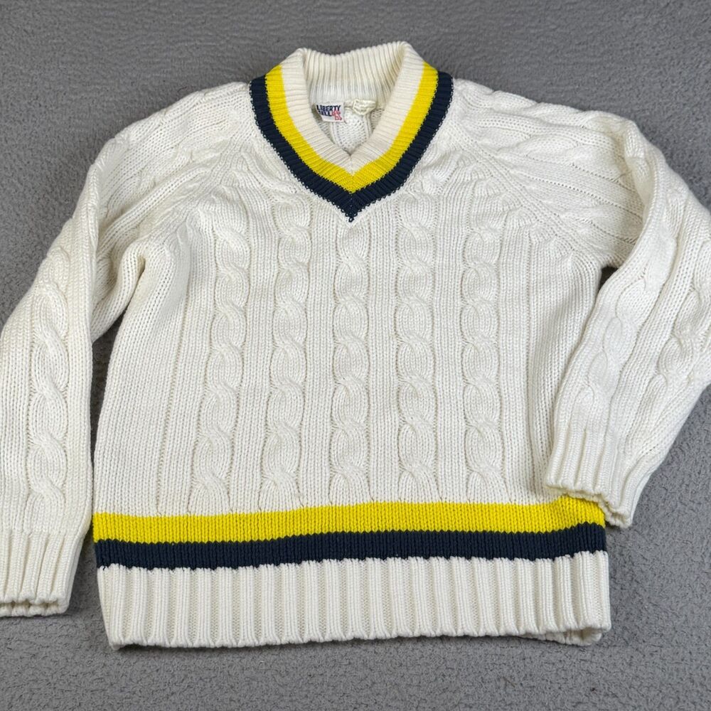 TENNIS SWEATER Mens S White Yellow Blue V Neck Cable Knit Liberty Bell Vintage